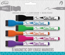 Board Dudes Magnetic Fine Tip Dry Erase Markers 6/Pkg-Assorted With Eraser