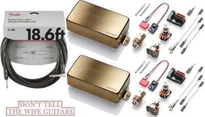 EMG 81 + 60 BRUSHED GOLD SHUMBUCKER SET SHORT SHAFT POTS & WIRING ( FENDER 18FT)