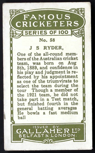 GALLAHER - FAMOUS CRICKETERS - #58 J S RYDER, VICTORIA - Picture 2 of 2