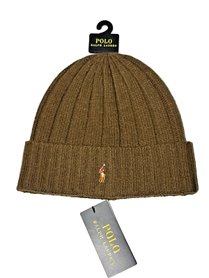 Polo Ralph Lauren Olive Wool Blend Ribbed Cuff Knit Beanie Hat O/S