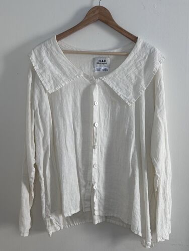 FLAX By Jeanne Engelhart Ivory Linen Blouse Top Sailor Collar W’s L Y2K Vtg - Picture 1 of 5