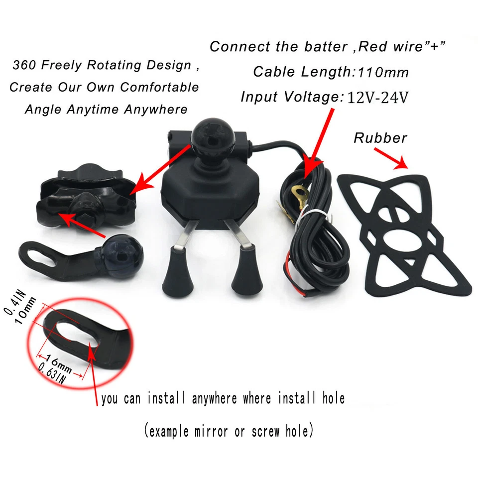 Держатель для телефона крепление для мотоцикла велосипеда зеркало кронштейн GPS с USB универсальный - Изображение 2 из 4