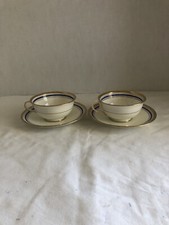 Caldon LTD Ovington Bros China-2 Cups & Saucers-Gilded Trim W/ A Blue On WT Base