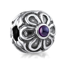 MATERIA Bead Stopper Clip Blumen 925 Silber antik mit 2 lila Zirkonia Kugel