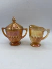 Jeanette Anniversary Marigold Creamer Sugar Set Lidded Carnival Glass Iridescent
