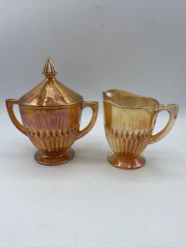 Jeanette Anniversary Marigold Creamer Sugar Set Lidded Carnival Glass Iridescent