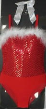 Faux Sequin Red Leotard White feather trim Dance Holiday Girls Sizes