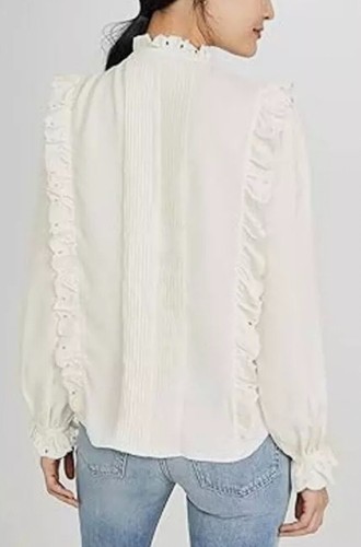 JOIE Top Womens 2XS Cheyanne Blouse Crepe Button Up Pintuck Ruffle Off White - Picture 8 of 20