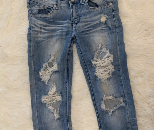 Vaqueros ajustados a máquina talla 5 denim azul rasgado en dificultades - Imagen 3 de 13