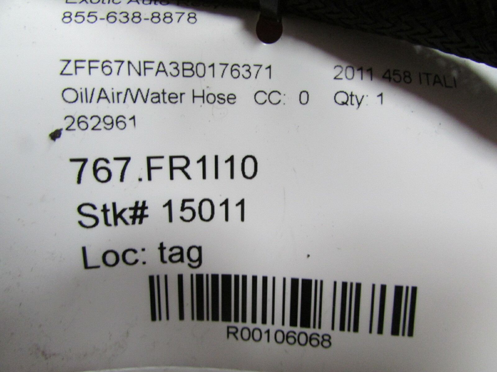Ferrari 458 Italia, Complete Vapor Separator Hose, Used, P/N 257354