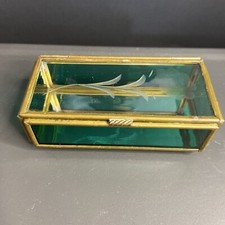 Vintage Trinket Box Brass and Green  Clear Glass Etched Flower 4 Inches