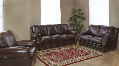 New Italian Leather Living ''Sienna'' Brown 3 Pc Sofa Set-Sofa,Love,Ch with Studs
