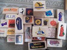 Wood Rubber Halloween Stamp Pumpkin Vampire Gothic Skeleton Witch Ghost Coffin