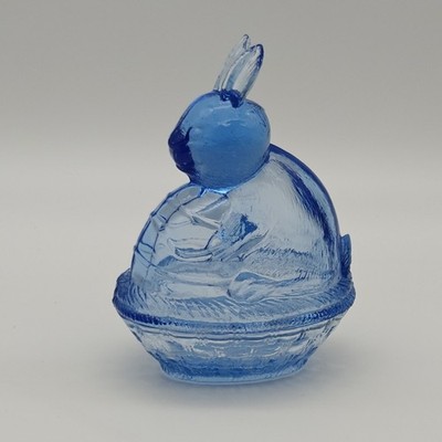 Glass Blue Bunny Rabbit On A Nest Holding An Egg Basket Weave 6  Tall NICE