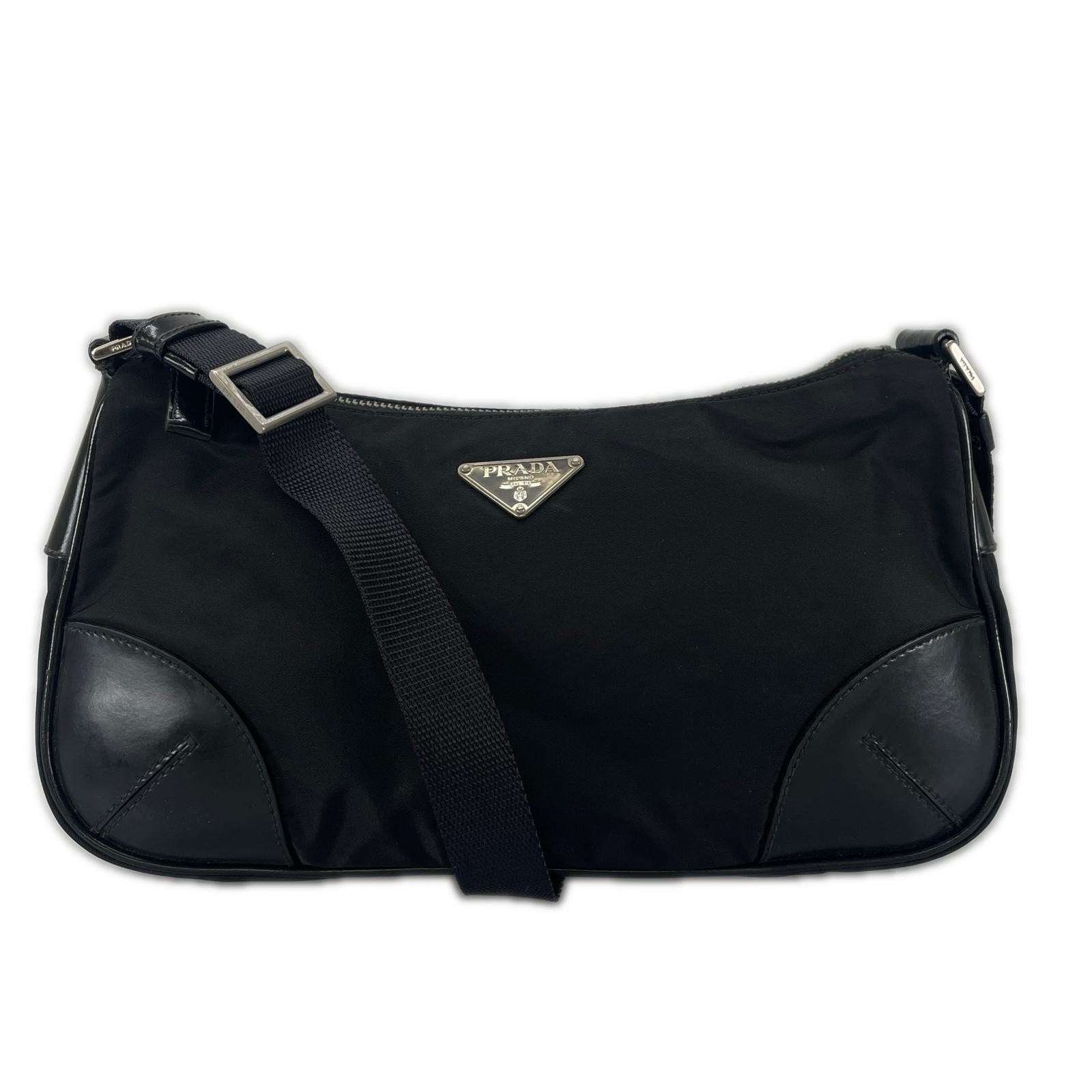 Prada Hobo Triangle Logo Shoulder Bag Nylon Black Ladies One Used