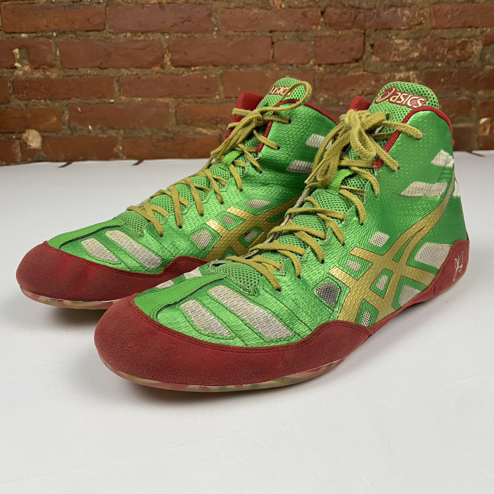 Rare ASICS JB Elite Wrestling Shoes J3A1Y Jordan Burroughs Green/Red/Gold Sz 14 thumbnail 6