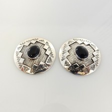 Navajo Stamped Sterling Silver Black Onyx Post Earrings - Signed