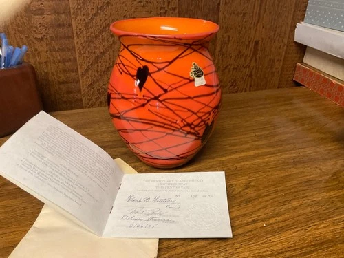 1975 FENTON BITTERSWEET ROBERT BARBER HANGING HEARTS VASE & paperwork #406