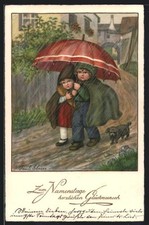 Künstler-AK Pauli Ebner: Kinderpaar unterm Regenschirm 