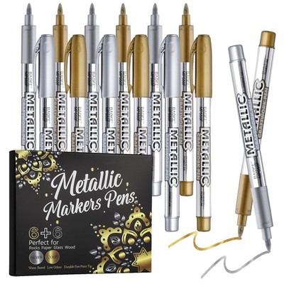 12 Pack Metallic Markers Pens, Water Based Silver & Gold Paint Pens, Gold & S...
