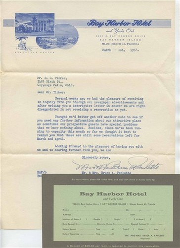 Bay Harbor Hotel & Yacht Club Letter & Rate Card Miami Beach Florida 1956