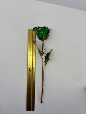 24K Gold Lacquer Dipped Gold-Tone Trim Green Rose- Free shipping