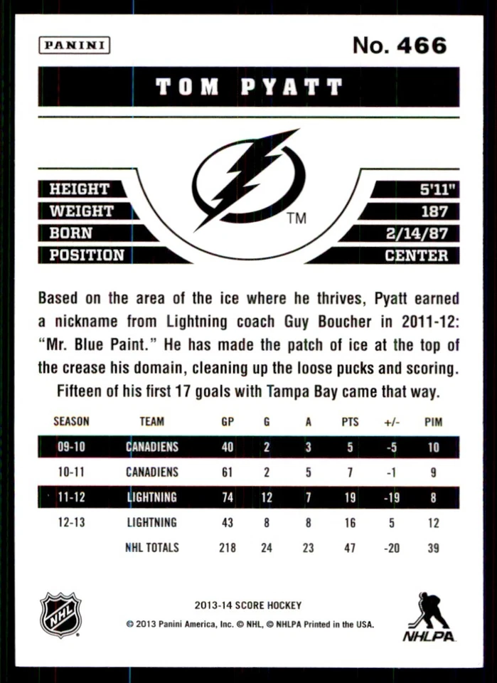 2013-14 Score Tom Pyatt Tampa Bay Lightning #466 - Image 2 of 2