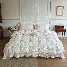 Bulutu Pink Floral Duvet Cover King Ruffles 2-Layer Cotton Muslin Bedding Set