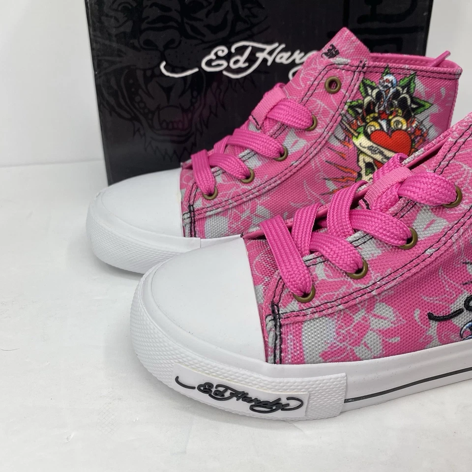 Ed Hardy Shoes Girls 11c Pink Side Skull Hi Top Sneaker Lace Up Heart NEW $65 - Image 4 of 4