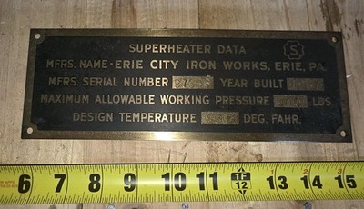 Vintage 1967 Brass Erie City Iron Works Brass Boiler Superheater Plate Plaque