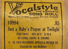 Player Piano Roll Vocalstyle JUST A BABY'S PRAYER AT MIDNIGHT 1918