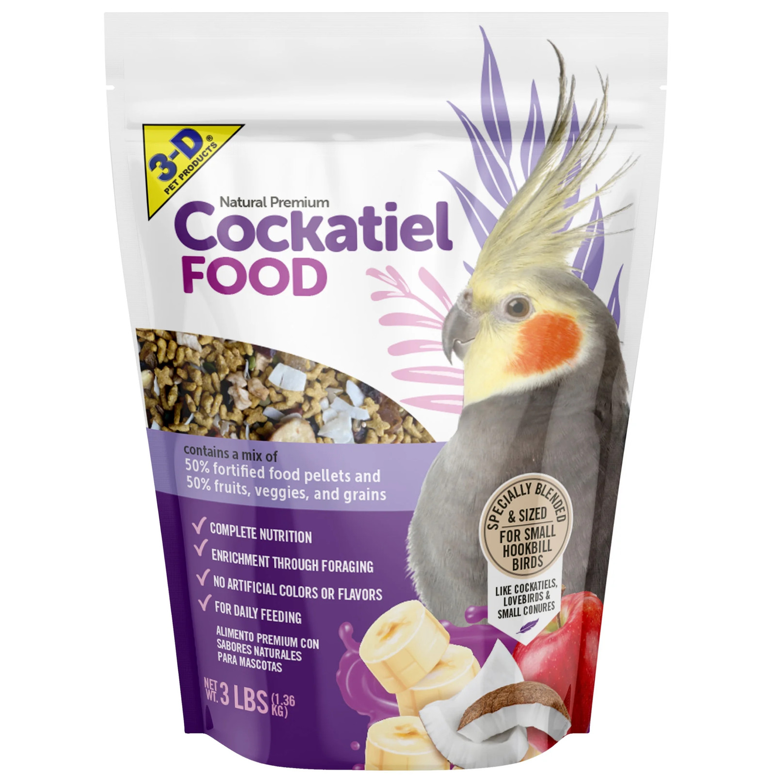 Natural Premium Cockatiel Bird Food, with 50% Fortified Pellets, 3 Lbs, Dry