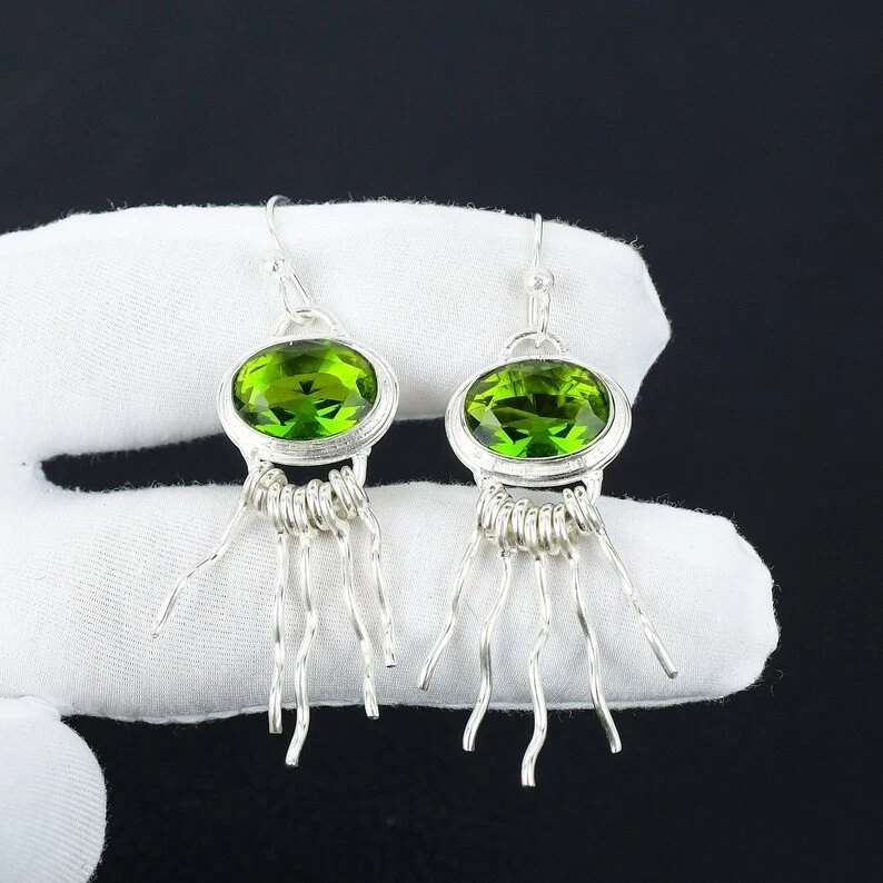 925 Sterling Silver Green Peridot Gemstone Handmade Jewelry Earring Size-1.5" - Image 2 of 4