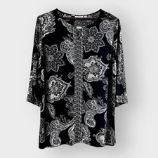 Susan Graver Liquid Knit Black White Paisley Popover Tunic Top Keyhole Neck 3x