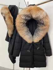 New Fox Fur Collar Down Jacket Women's Long Over The Knee Thick Lace Up Jackets
