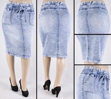 Women Stretch Denim 28"Calf Length Skirt pencil elastic waist WG-77983snow wash