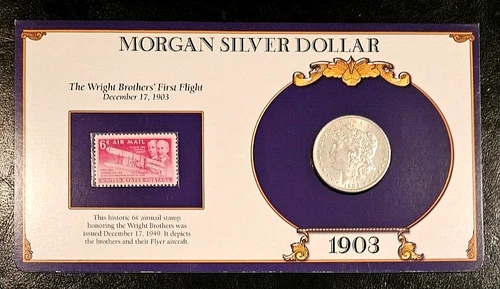 1903 Morgan Silver Dollar U S Postal Commemorative Stamp Set Rare 6c Stamp, AU+!