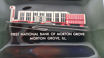 SMOKED SMOKY GLASS ASHTRAY TRINKET DISH FIRST NATIONAL BANK MORTON GROVE ILL VTG