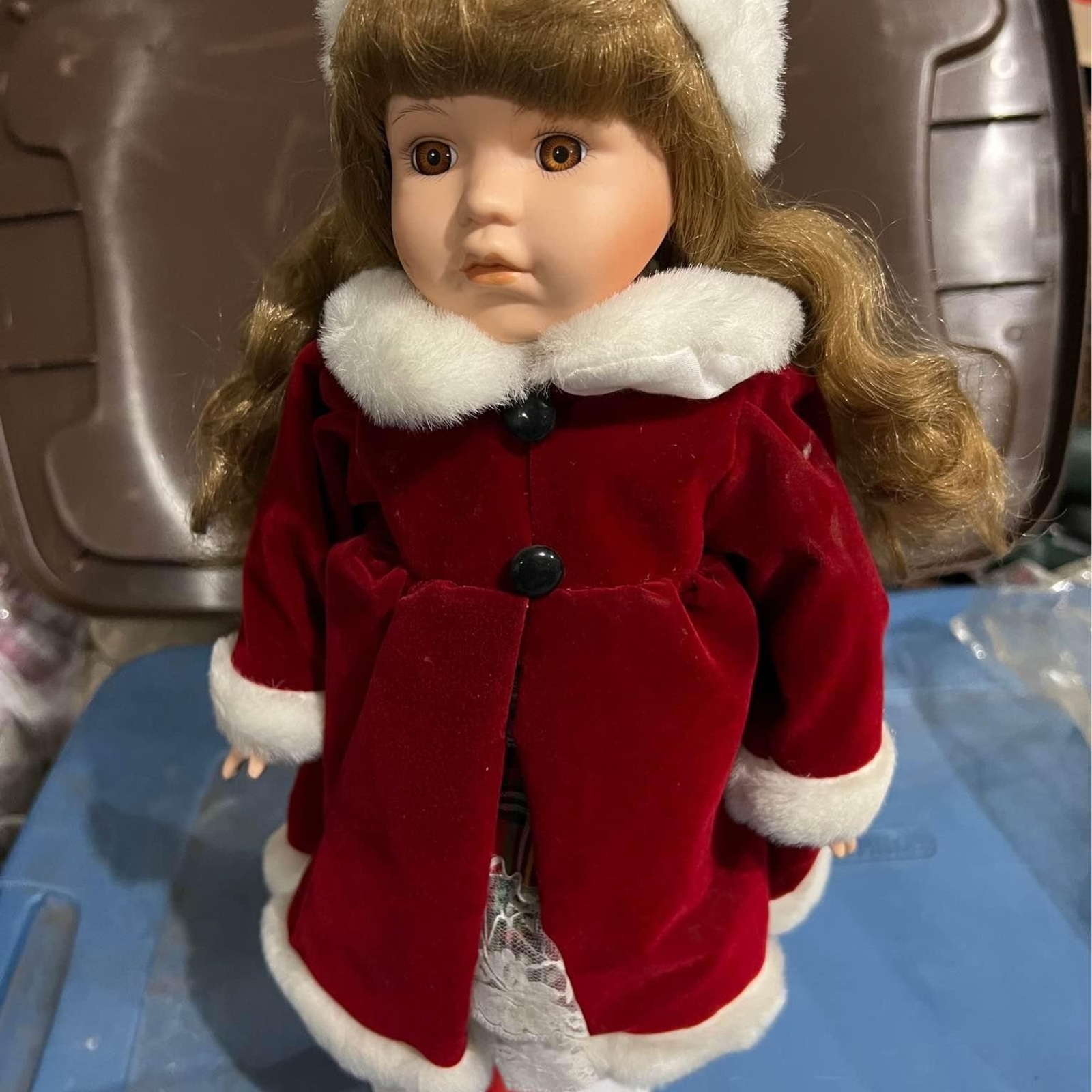 Vintage Porcelain Doll in red velvet winter coat with white fur hat