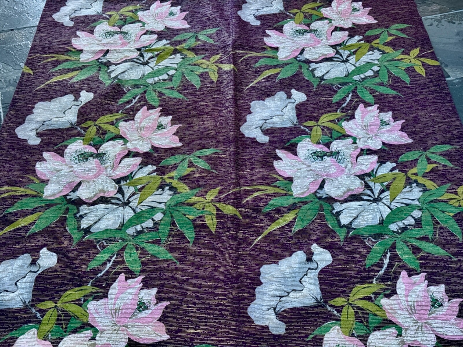 Oriental Regency 1940’s MAGNOLIAS  on Shoji Mid Century Barkcloth Vintage Fabric