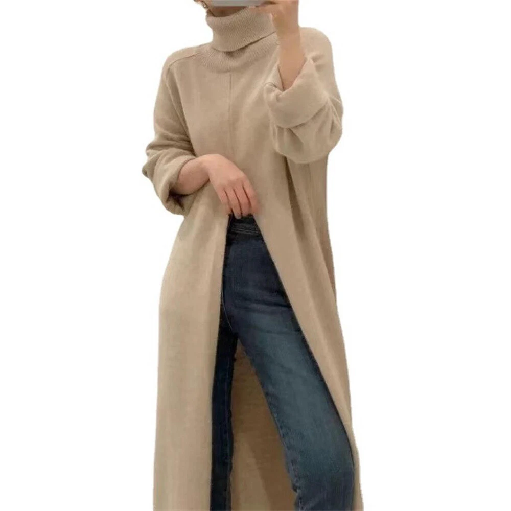 Women Turtle Neck Front Slit Tunic Tops Outwear Knitwear Sweater Midi Dress