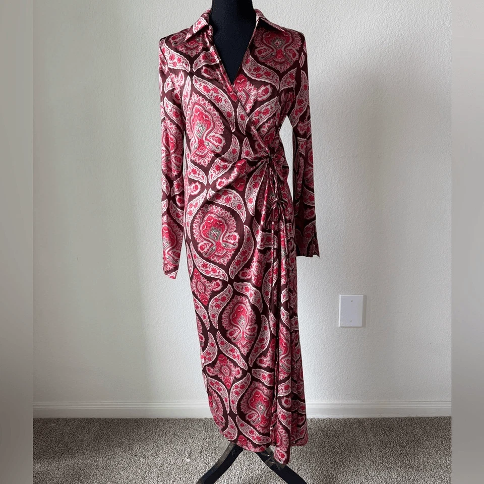 Camisa de vestir con estampado de cachemira satinada de mango midi talla 6 rojo borgoña costero boho Foto 4 de 4