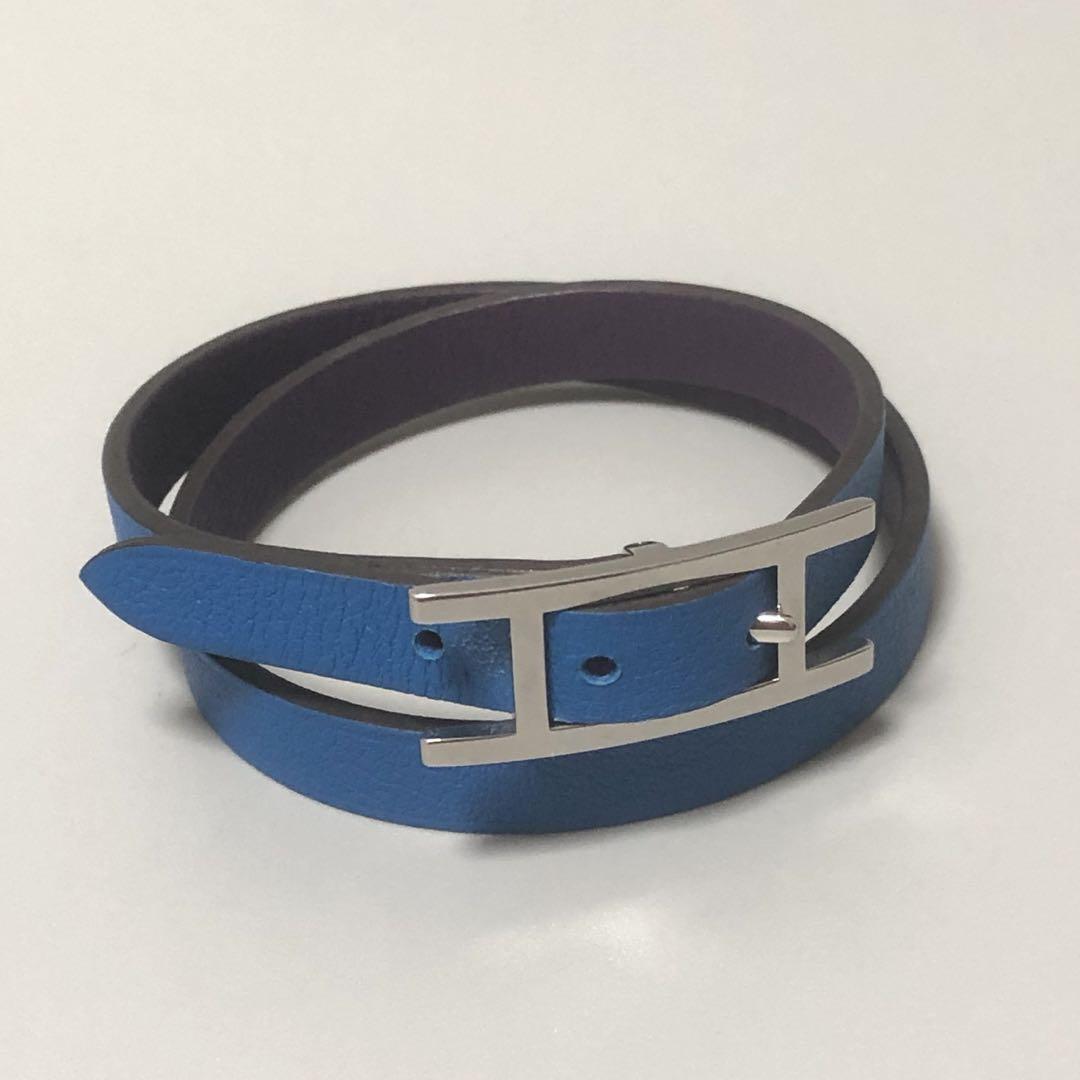 Hermes Api Leather Blue Silver 2 Row Bracelet Japan Import