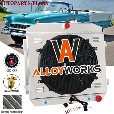 4 Row Aluminum Radiator Shroud Fan For 1955 1956 1957 Chevy Bel Air/Nomad V8