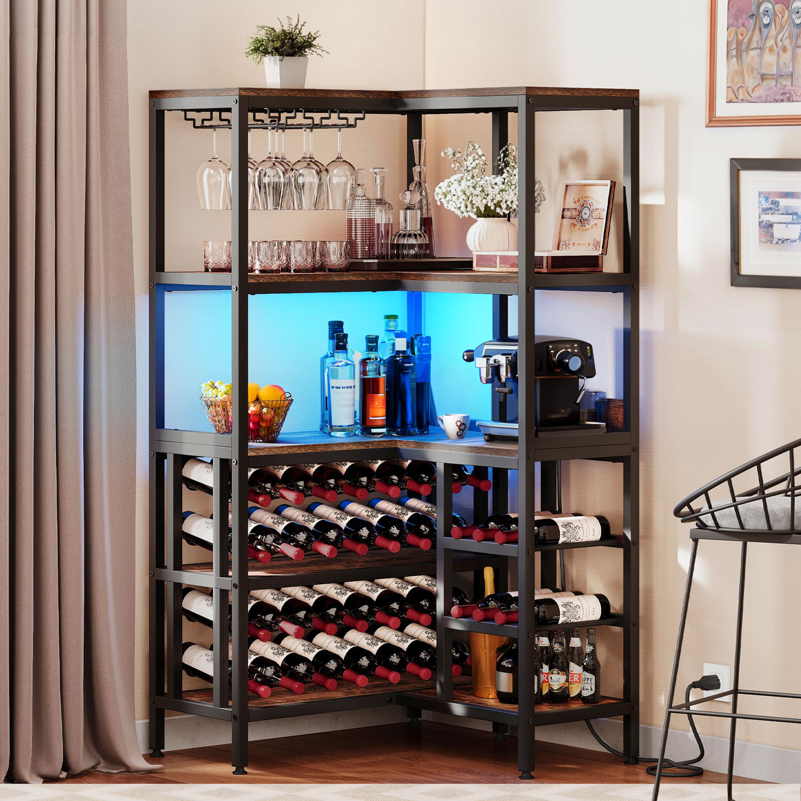 L-Shaped Corner Metal Wine Rack with Power Outlet and Adjustable Shelf  