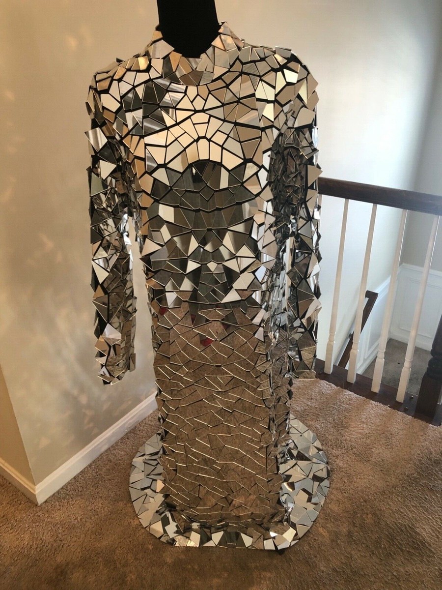 Pre-owned Custom Long Silver Mirror Dress w/small train - fits US