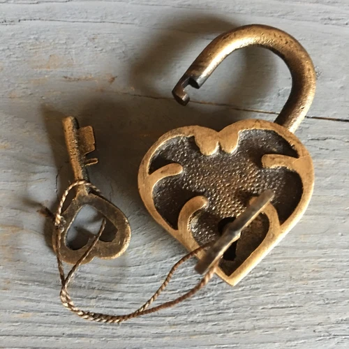 Ornate Heart Lock, Solid Brass With Antique Finish And Two Keys, 2” X 1.25” image 2