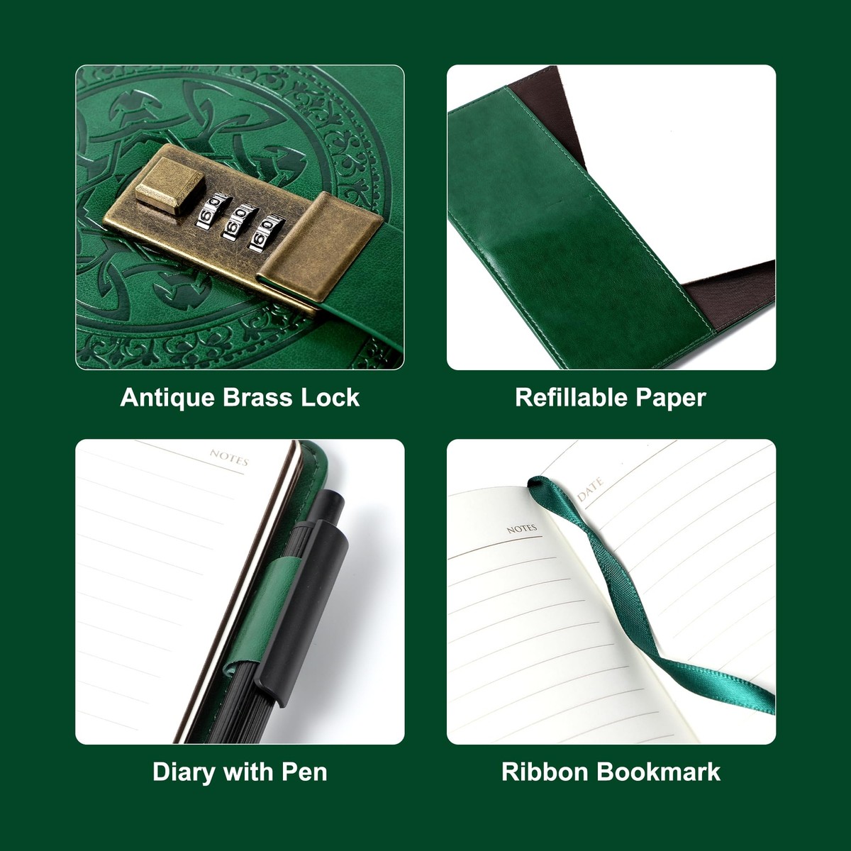 Green Journal with Lock 290 Lined Pages Refillable Pen 5.7