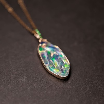 2,2 ct Mexikanischer Feueropal, Tsavorit Anhänger Halskette 18K Gelbgold