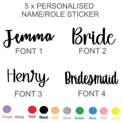5 x PERSONALISED NAME VINYL STICKERS - PLACE CARD WEDDING INVITATION TABLE PLAN